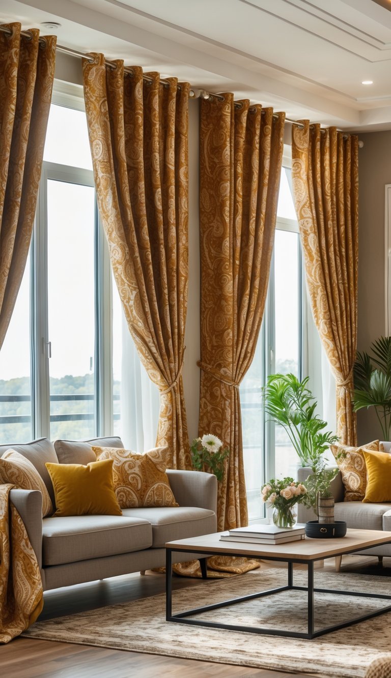 A living room with large windows covered by gold paisley patterned curtains, a sofa, coffee table, and indoor plants.