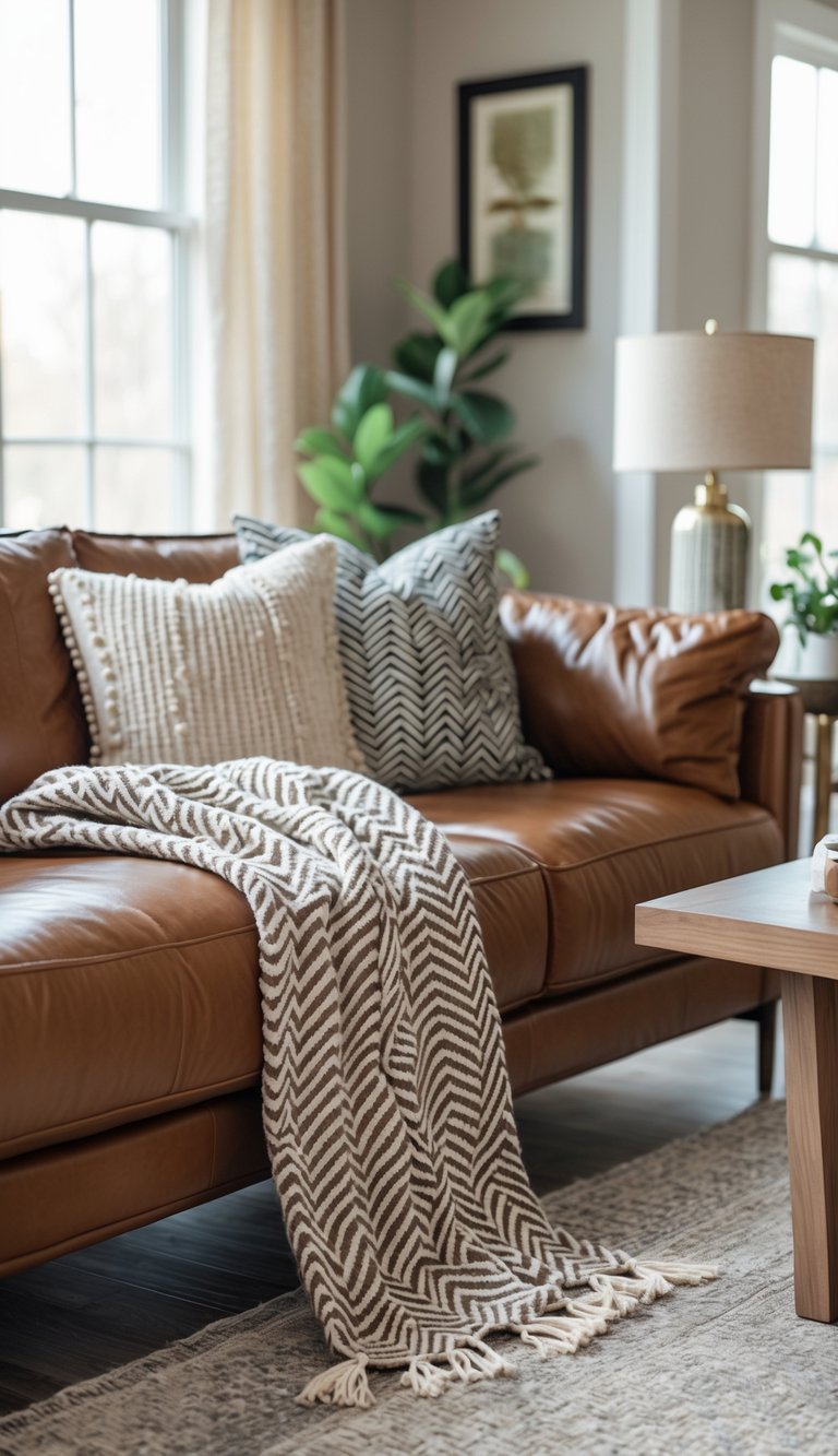 A brown leather sofa with a chevron patterned blanket draped over it in a well-decorated living room.