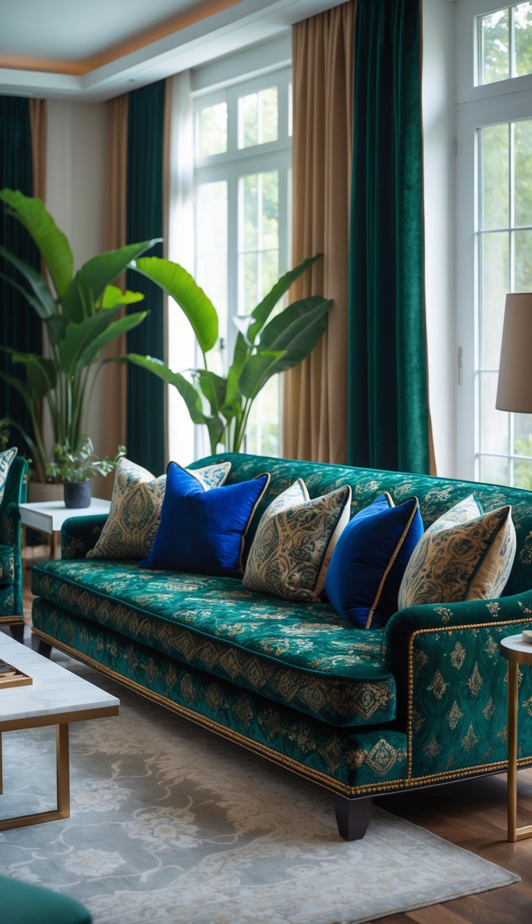 Living room with a large patterned velvet upholstered sofa, decorative pillows, coffee table, plants, and natural light.