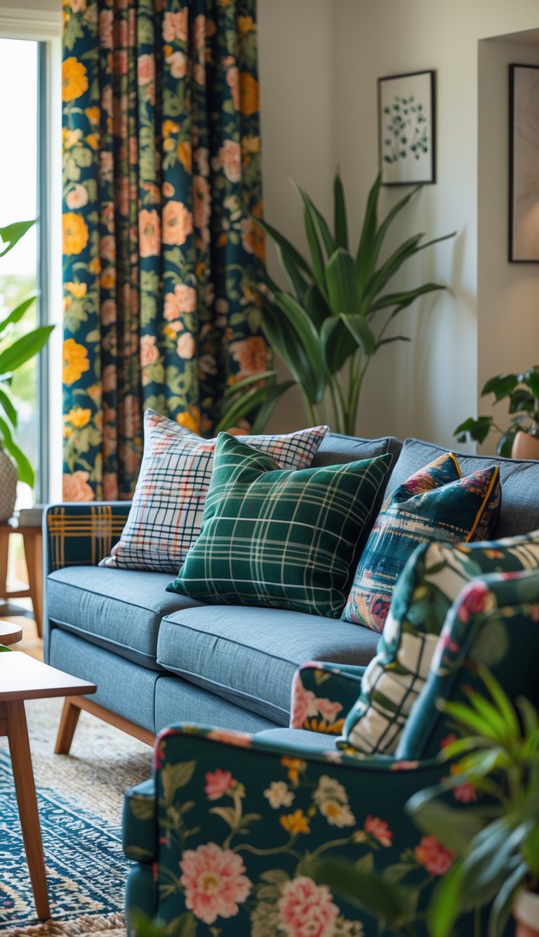 Living room with a sofa featuring plaid cushions and floral patterned furniture, decorated with plants and a coffee table.