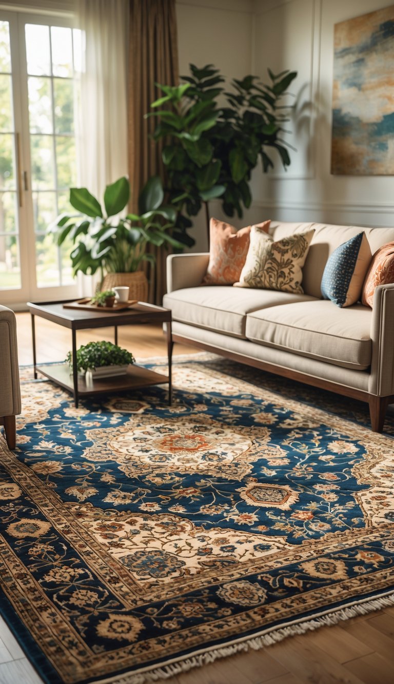 A living room with a large patterned rug, sofa, coffee table, and plants, bathed in natural light.