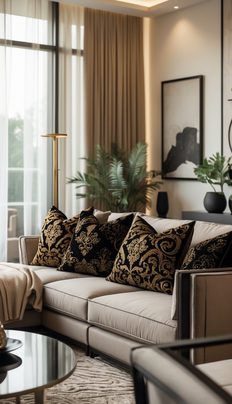 A living room with a sofa decorated with black and gold patterned cushions, a coffee table, plants, and large windows.