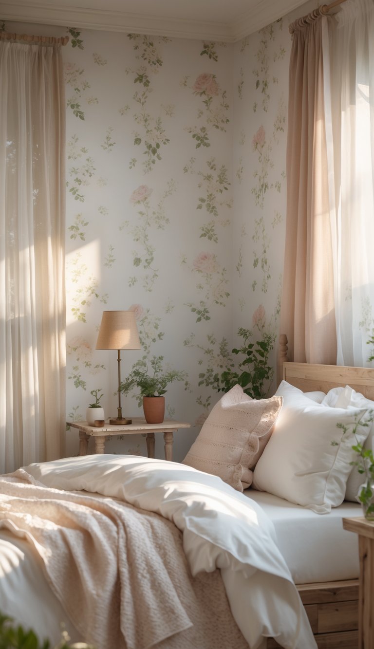 A cozy bedroom with soft floral wallpaper, a neatly made bed, wooden furniture, and natural sunlight coming through sheer curtains.