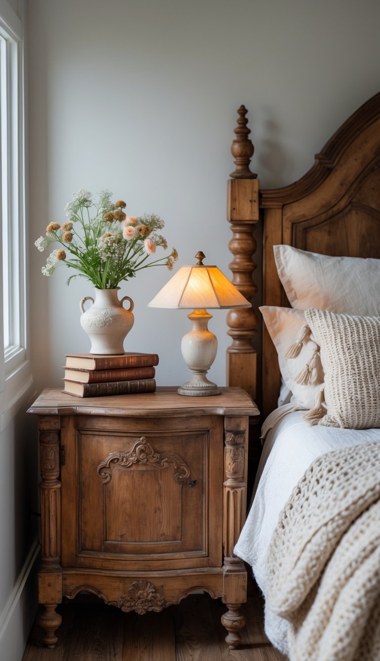 An antique wooden bedside table with a lamp, vase of flowers, and books next to a neatly made bed in a softly lit bedroom.