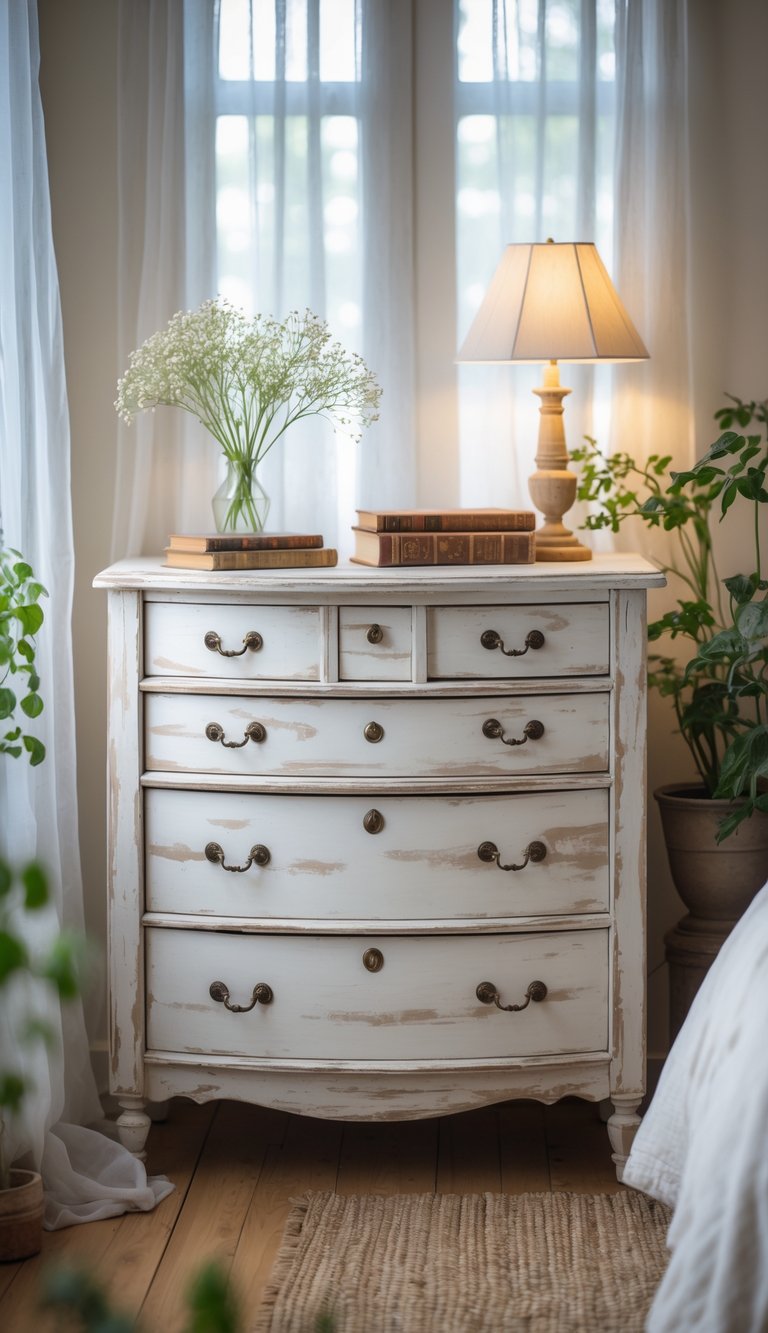 A distressed white wooden dresser with decorative items in a cozy bedroom with natural light and plants.