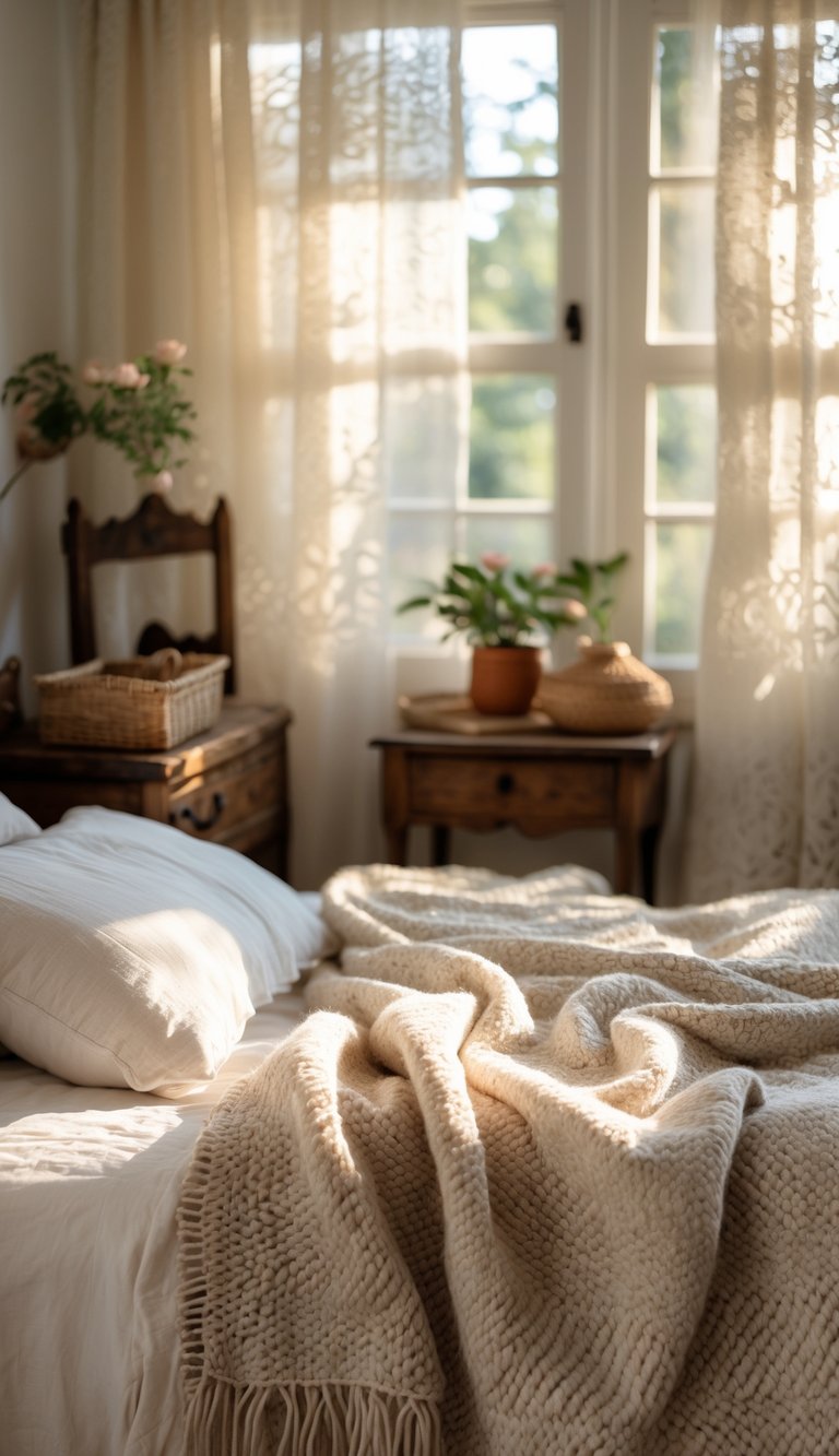A cozy bedroom with a bed covered by a textured wool throw, wooden furniture, and soft natural light.
