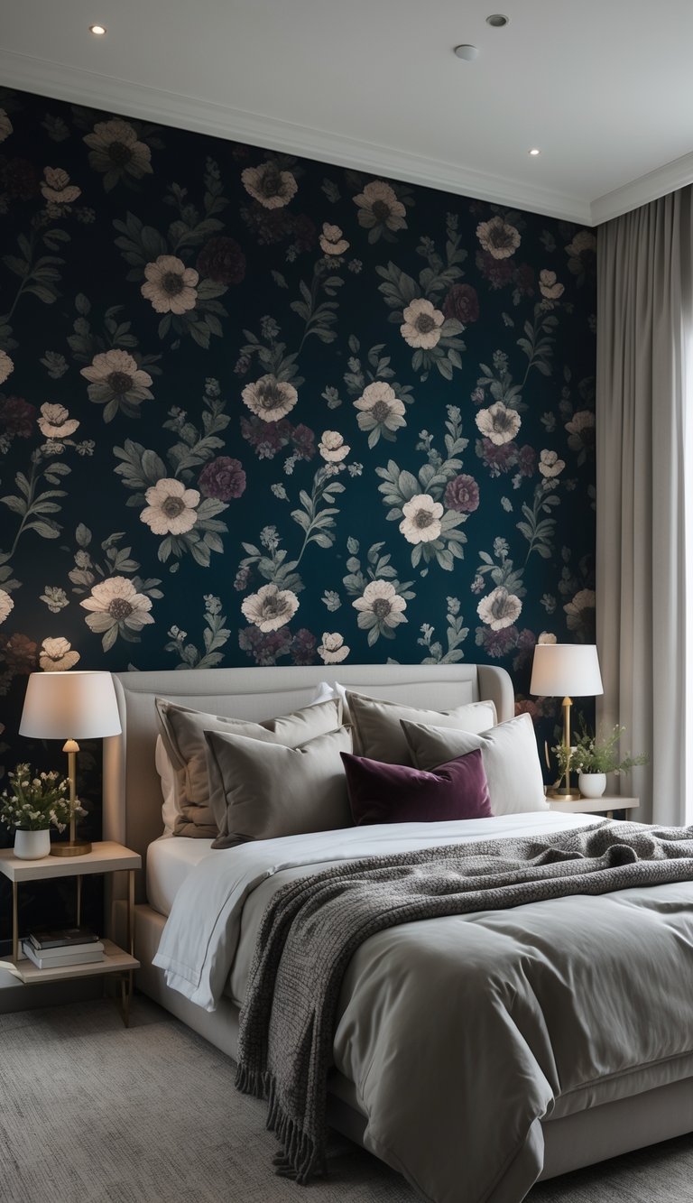 A bedroom with a dark floral wallpaper accent wall behind a neatly made bed with neutral bedding and bedside tables with lamps.