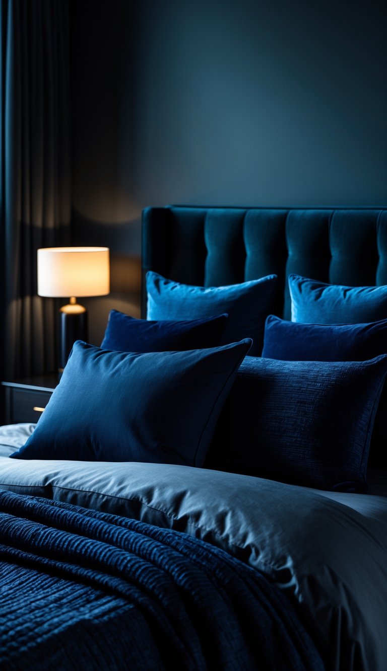 A bedroom with a bed decorated with several dark blue cushions in different shades, soft lighting, and a nightstand with a lamp.