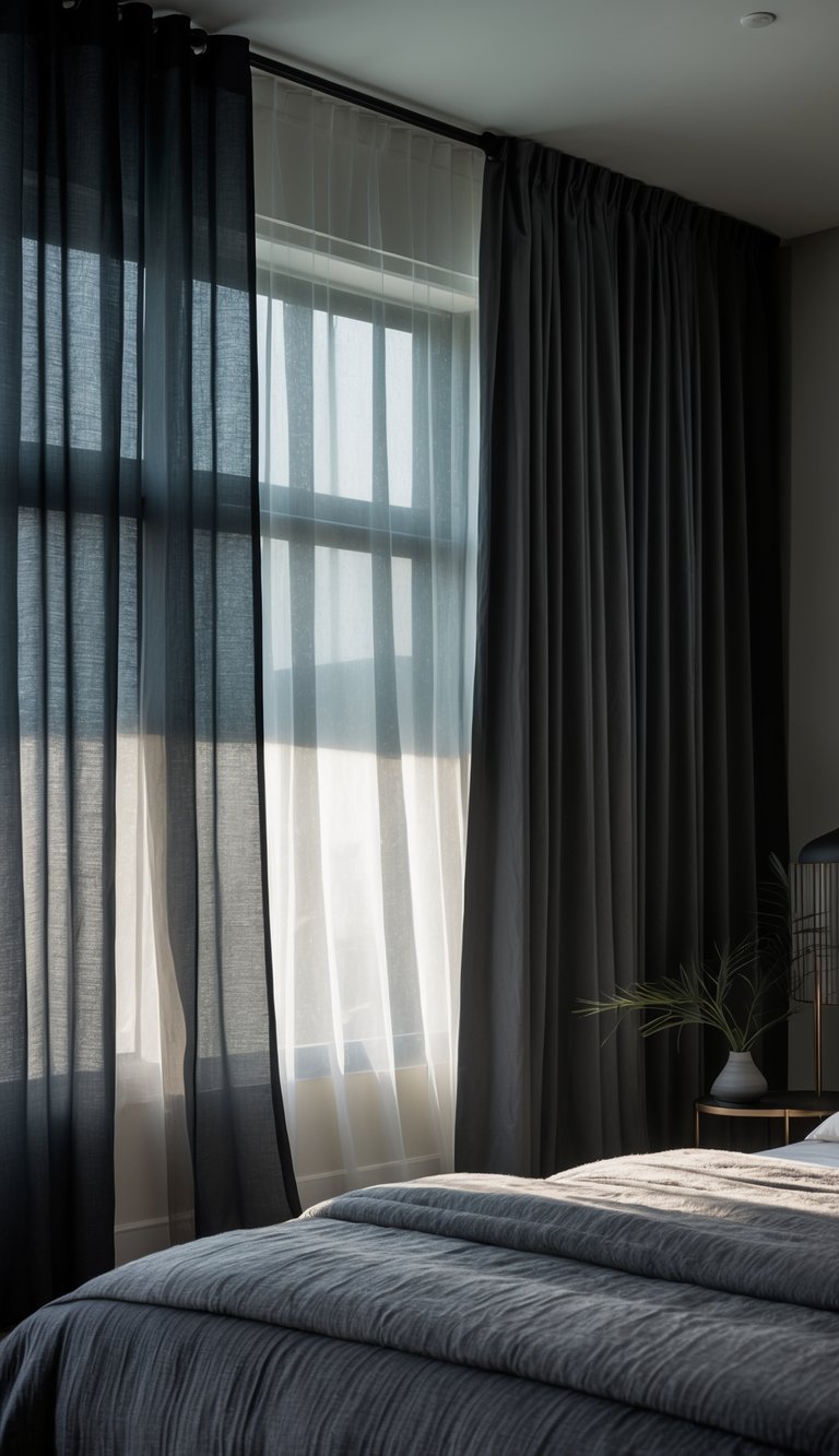 A bedroom with a window dressed in layered blackout and sheer curtains, soft light coming through the sheer curtains, and a neatly made bed nearby.
