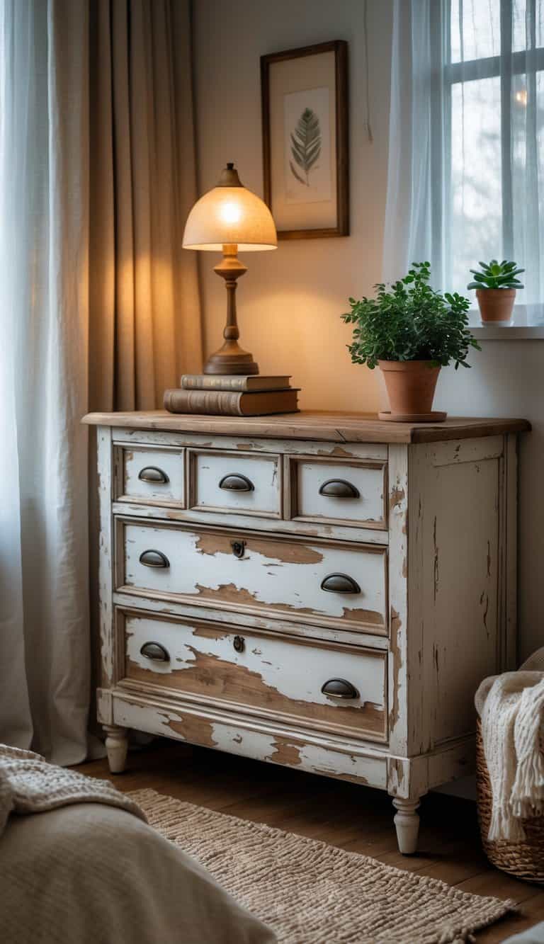 A distressed wooden dresser in a bedroom with a lamp, books, and a plant, next to a bed with pillows and soft lighting.