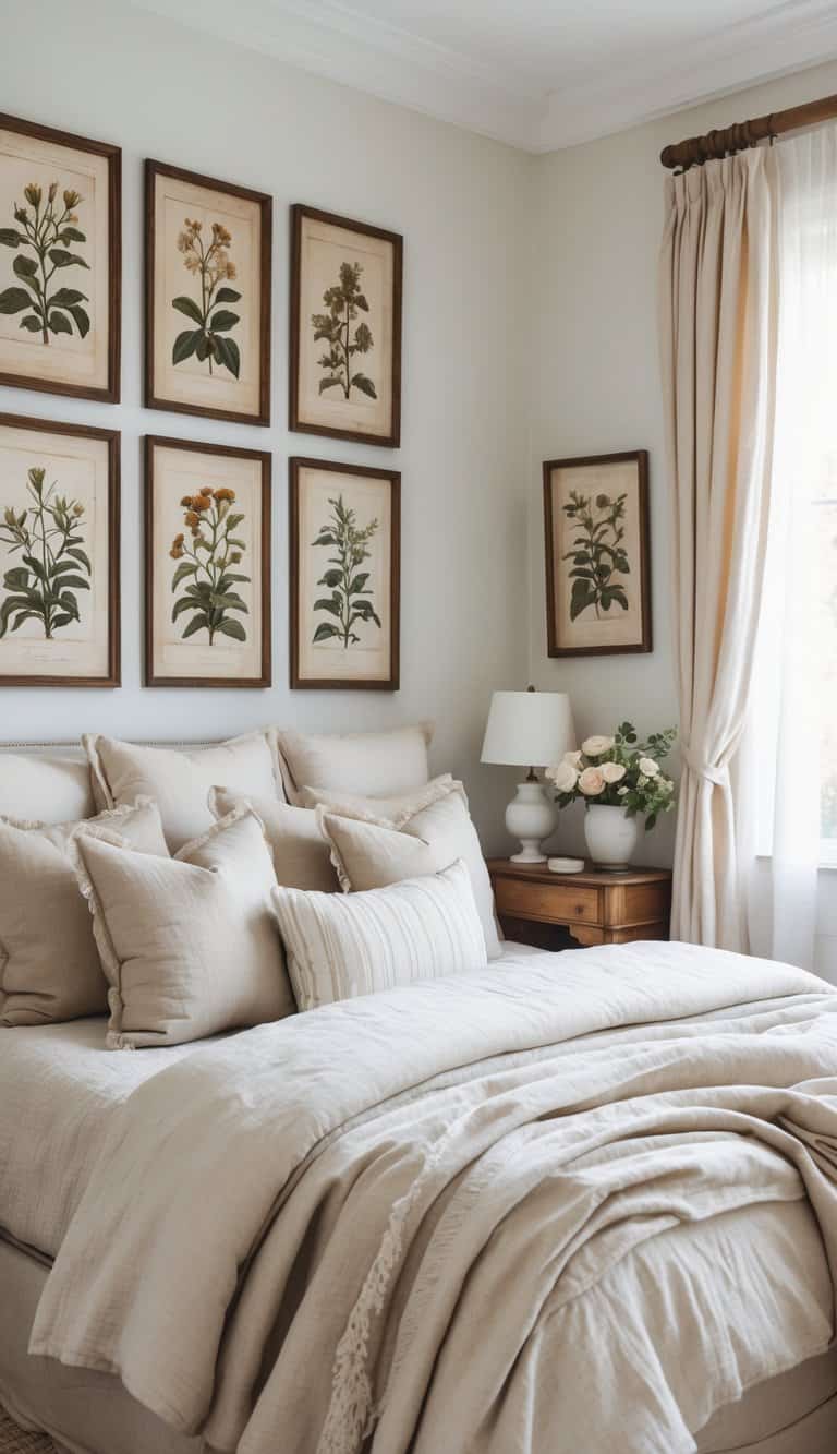 A bedroom with a bed and framed old botanical prints hanging on the wall above it.