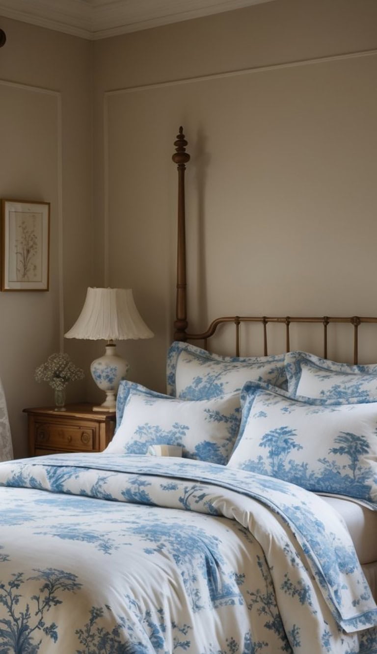 A cozy bedroom featuring a four-poster bed with a blue and white floral patterned duvet and pillows, a wooden nightstand with a white lamp and a vase of flowers, and a softly lit, neutral-colored wall.