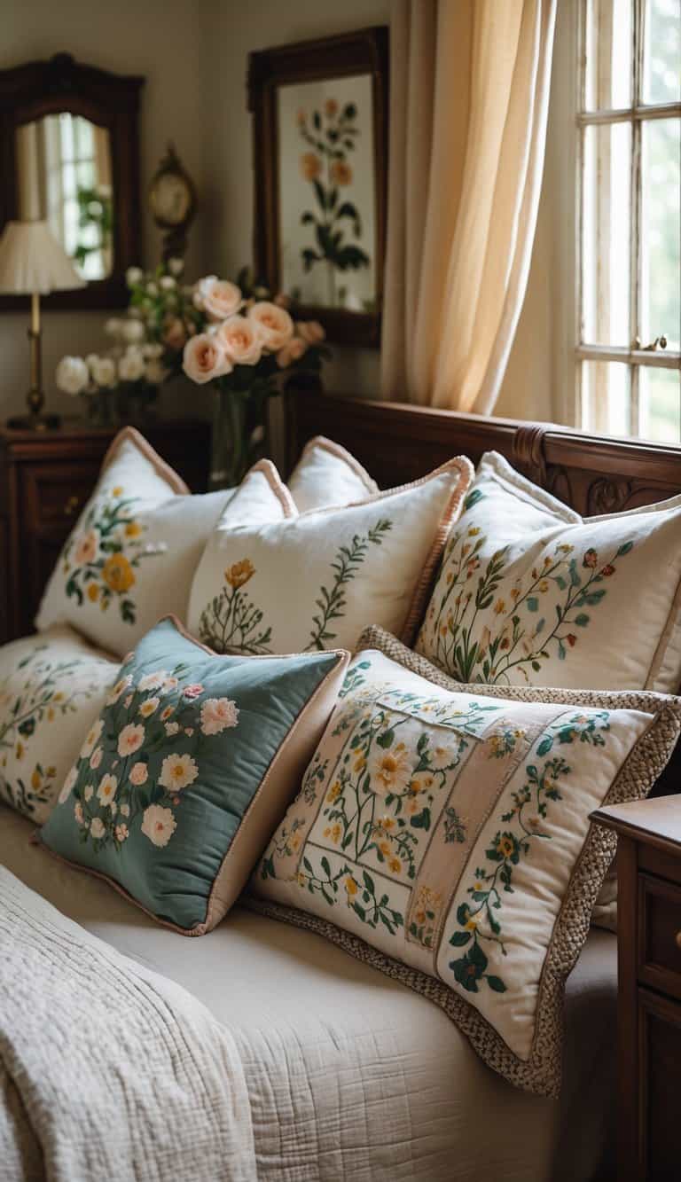 A cozy bedroom with a wooden bed adorned with embroidered throw pillows and vintage decor.