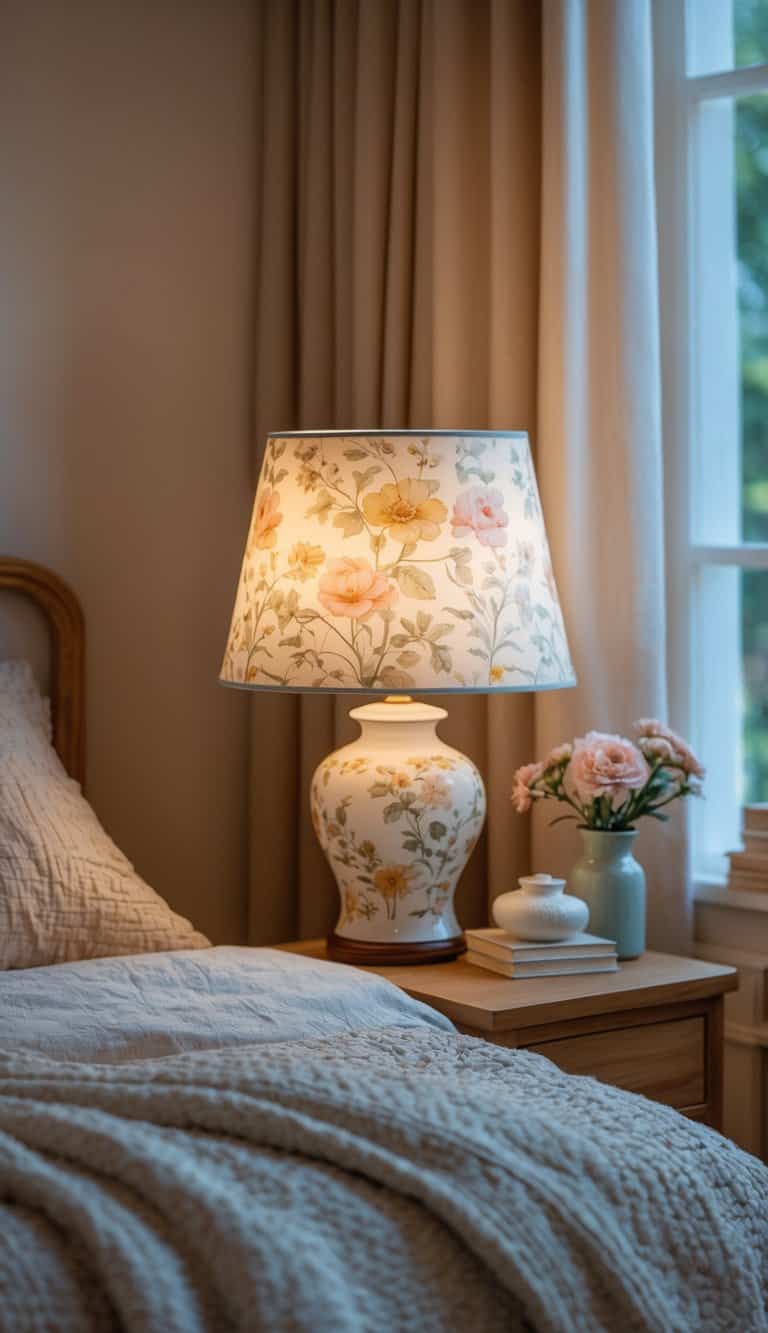 A cozy bedroom corner with a floral lampshade on a wooden nightstand next to a neatly made bed.