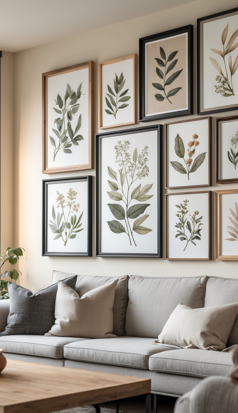 Living room wall decorated with framed botanical prints arranged in a gallery style above a sofa.