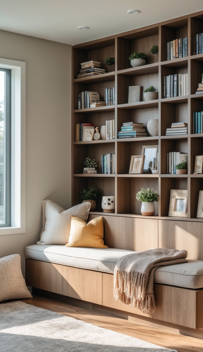 A living room with built-in shelves filled with books and a cozy reading nook with a cushioned bench and pillows.