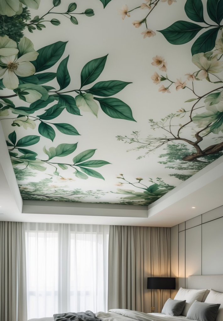 A beautifully designed bedroom with a ceiling painted in green leaves and delicate flowers. The room features sheer curtains and a neatly made bed with gray bedding, along with a lamp on a bedside table.
