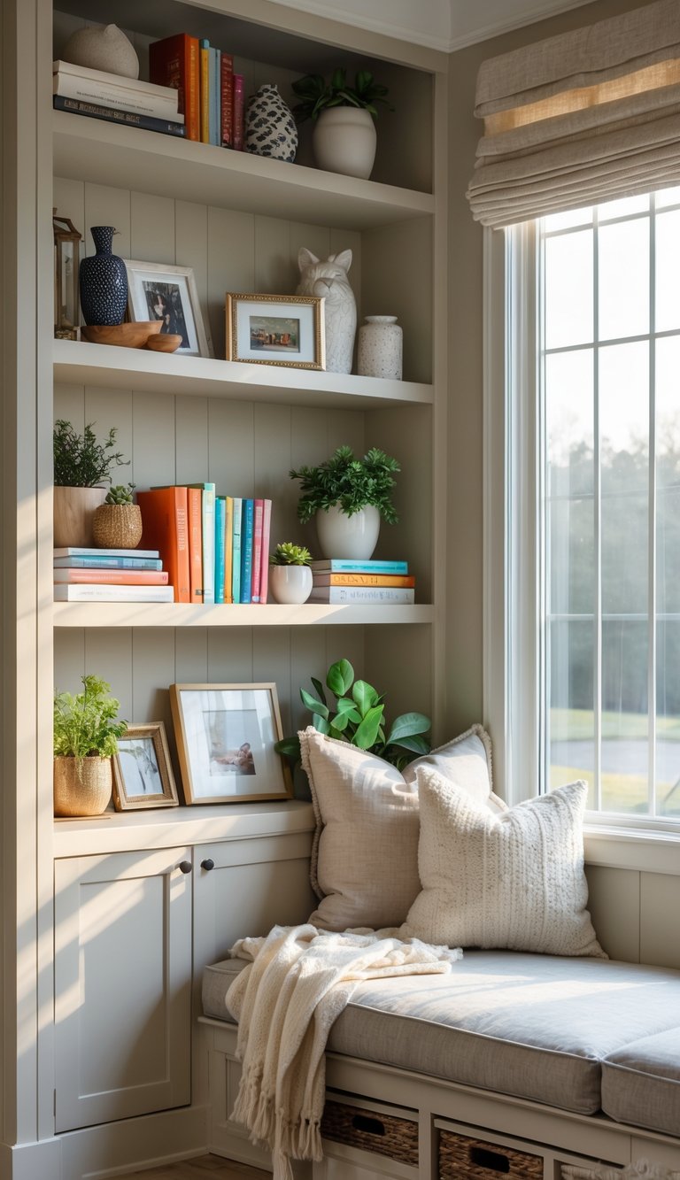 A living room corner with built-in shelves filled with books and decorations next to a window seat with cushions and natural light.