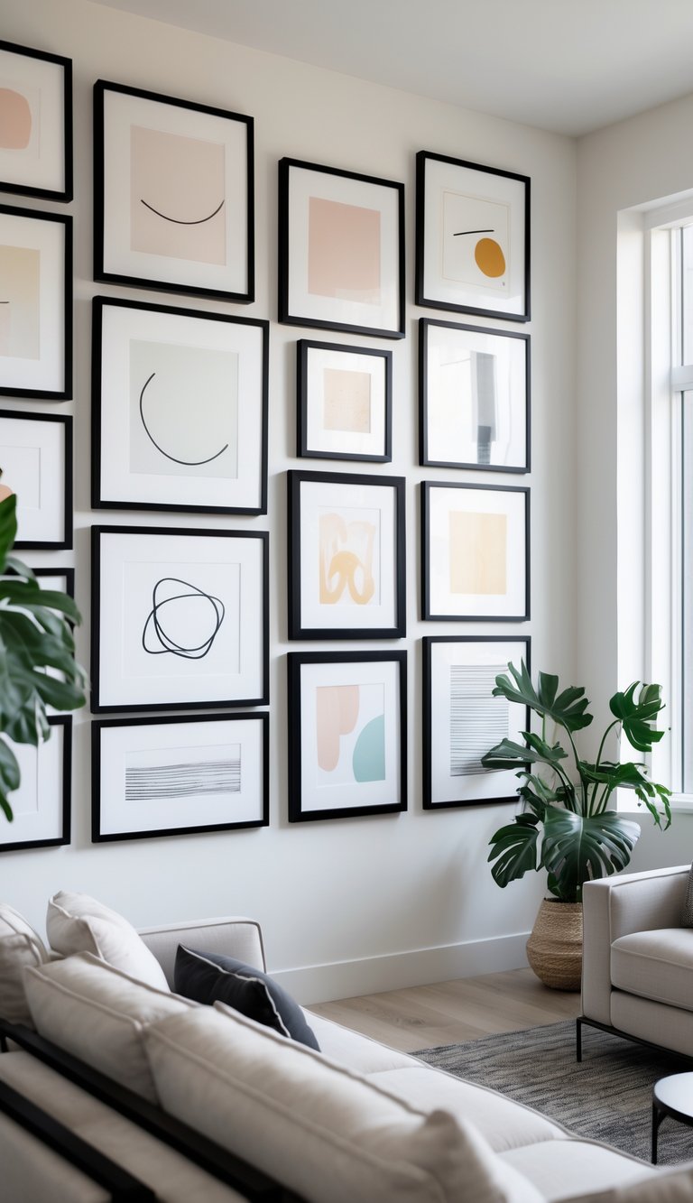 Living room with a gallery wall of framed artworks in black frames and white mats arranged above a sofa.