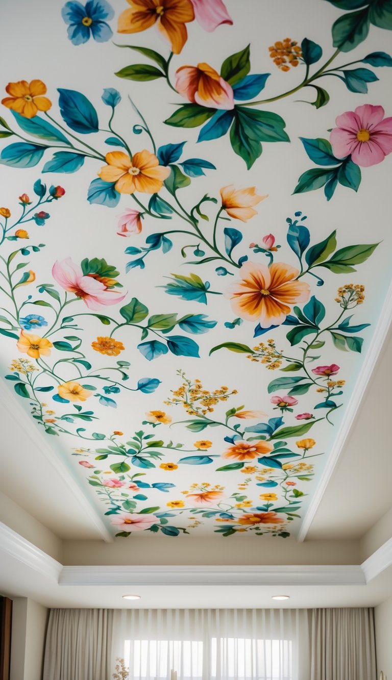 A bedroom ceiling decorated with colorful hand-painted floral designs and a bed visible below.