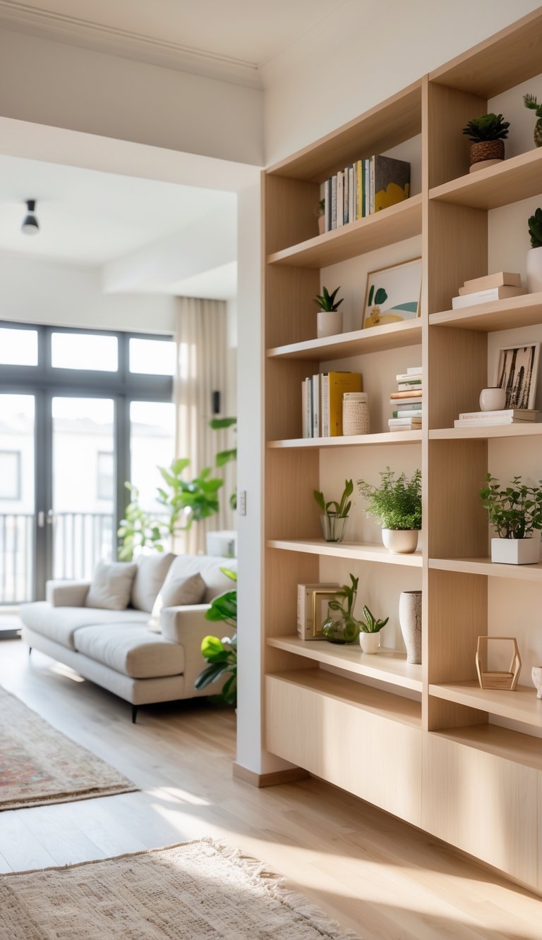 Living room with built-in shelves that serve as a room divider, filled with books and decorative items, separating the seating area from another space.