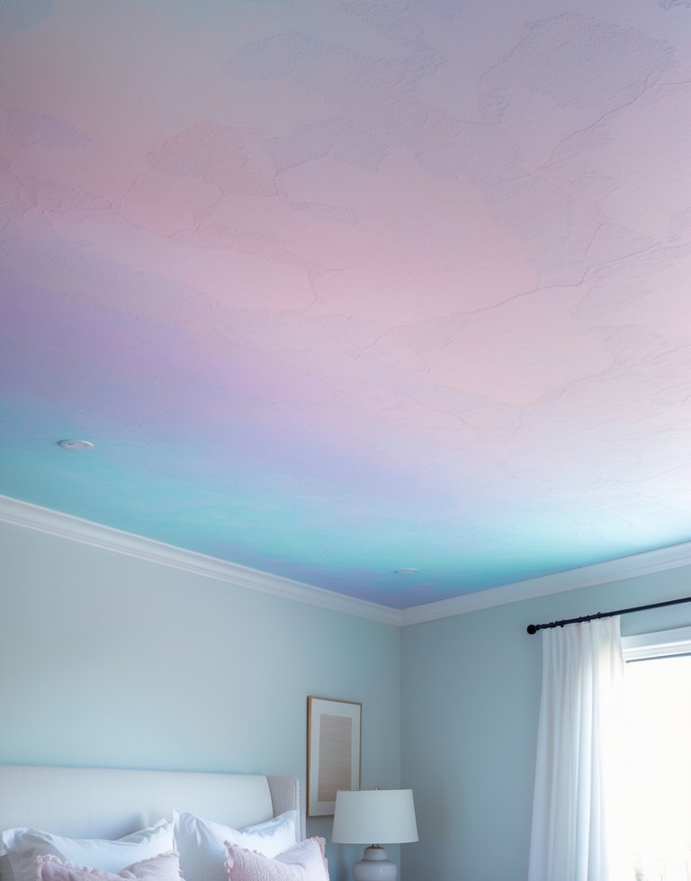 A pastel-colored ceiling painted in shades of pink and light blue, featuring a textured surface, in a softly lit bedroom with pale blue walls and white drapes by the window.