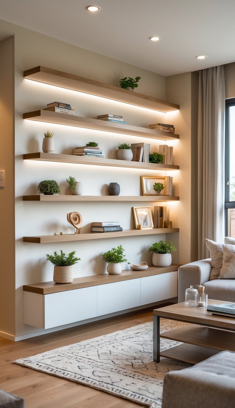 A living room with built-in floating shelves displaying books and decorative items, with a sofa and coffee table nearby.