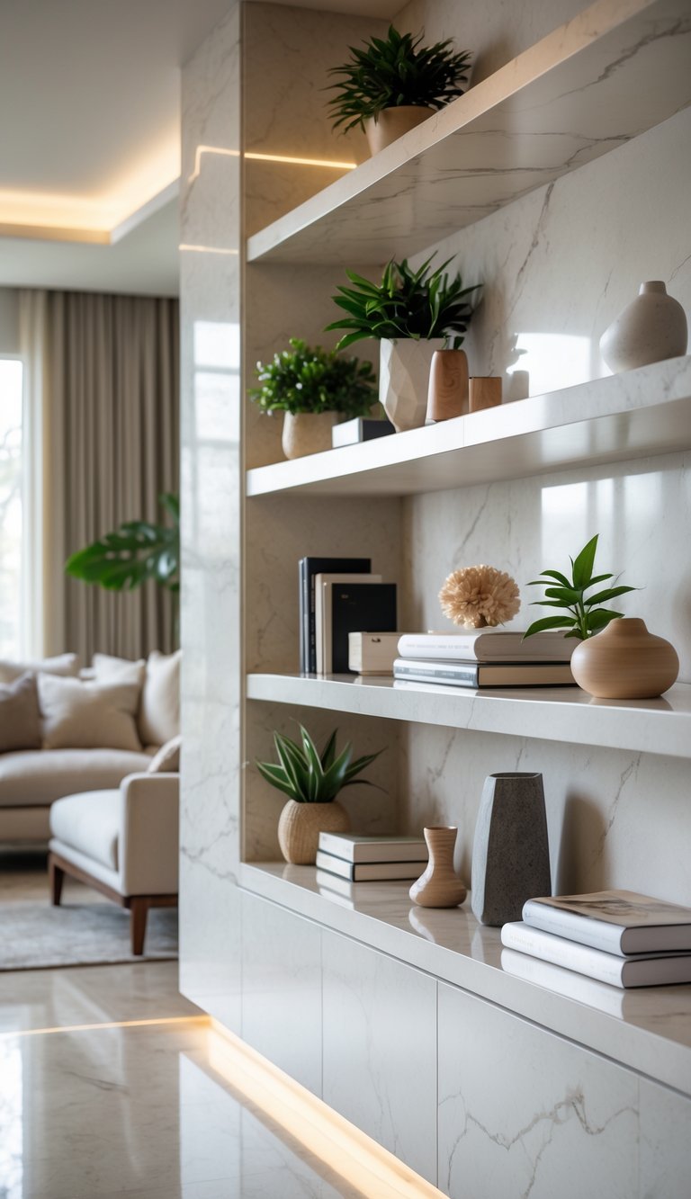 A living room with built-in shelves topped with marble or stone surfaces, displaying books and decorative items.