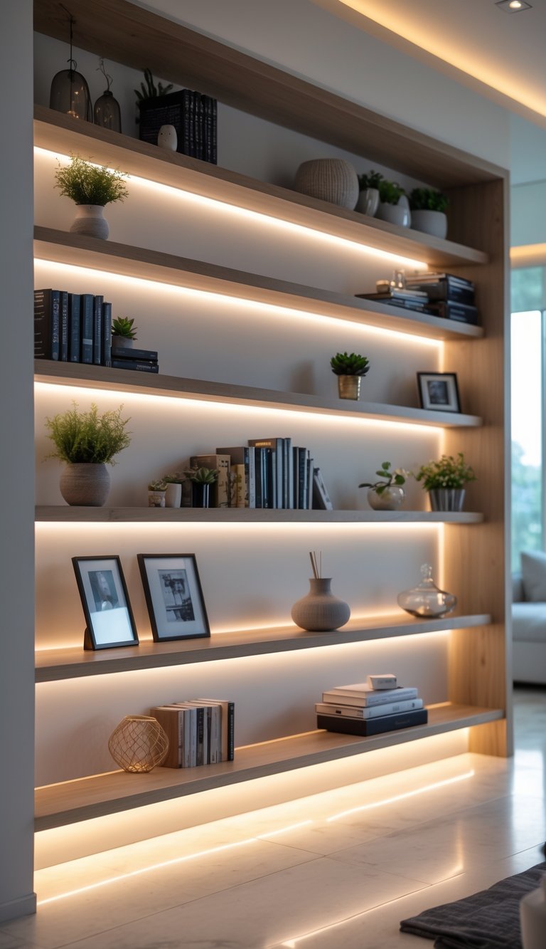 A living room with built-in shelves illuminated by LED strip lights beneath each shelf, displaying books and decorative items.