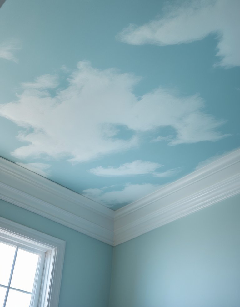 A room corner with a painted ceiling showcasing a light blue sky and white clouds, complemented by pale blue walls and white crown molding.