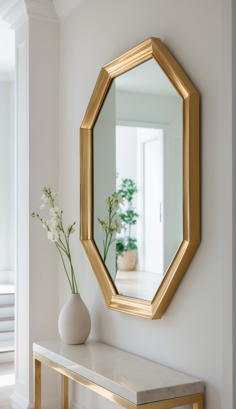 Octagonal mirror with brass frame hanging on an entryway wall above a console table with a vase of flowers.