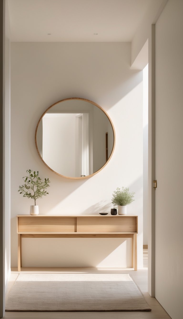 Entryway with a circular wooden framed mirror hanging above a wooden console table with a plant and decorative items.