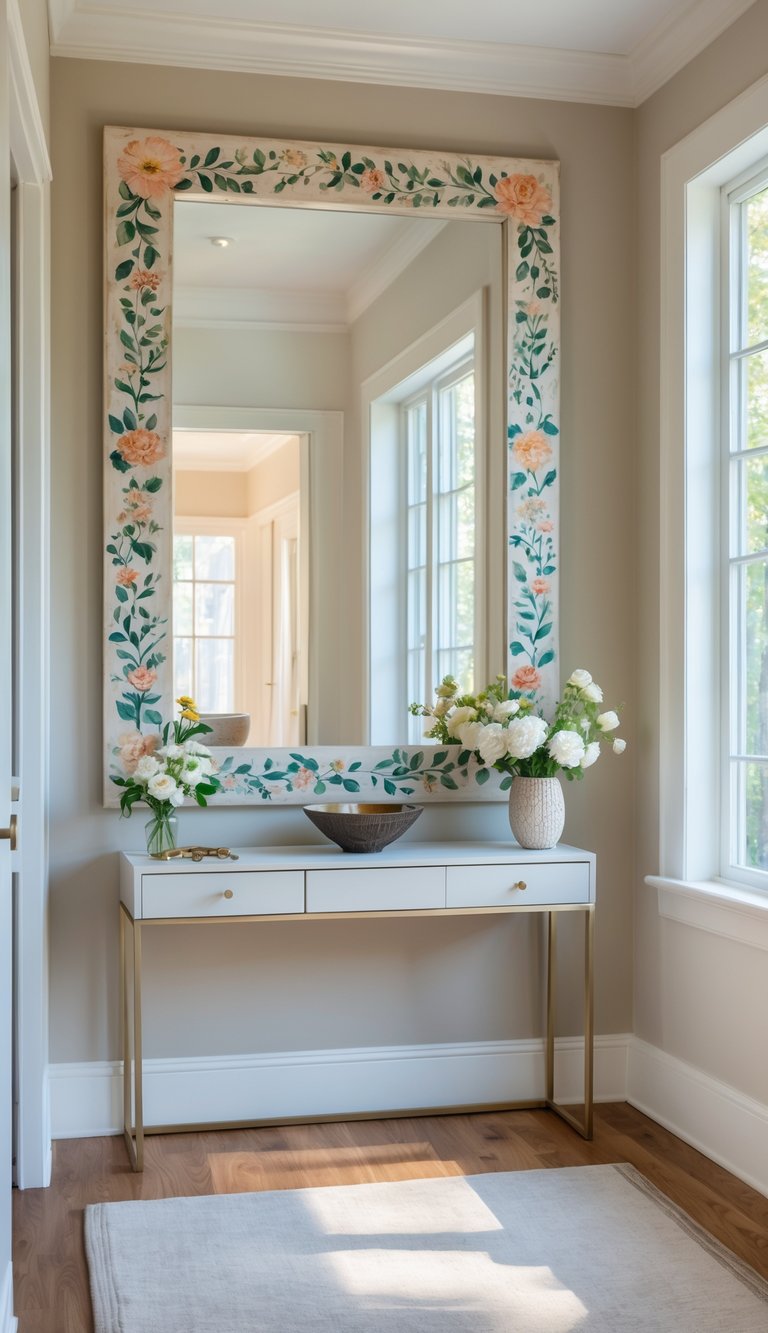 An entryway with a large wall mirror featuring a hand-painted frame, a console table beneath it with flowers and a lamp, and natural light coming through a window.