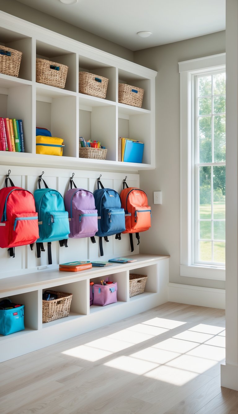 A tidy mudroom with organized cubbies and hooks holding backpacks and school supplies.