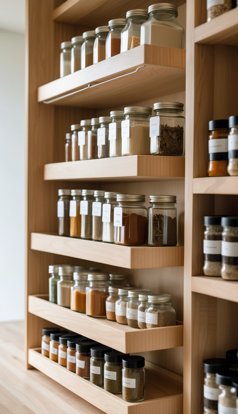 A pantry with wooden shelves featuring tiered organizers holding neatly arranged spice jars.