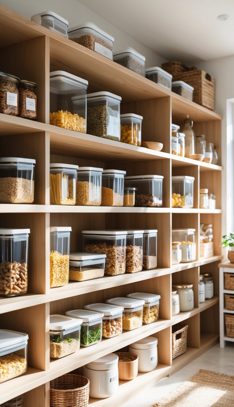 A neatly organized pantry with shelves holding clear airtight containers filled with fresh food items.