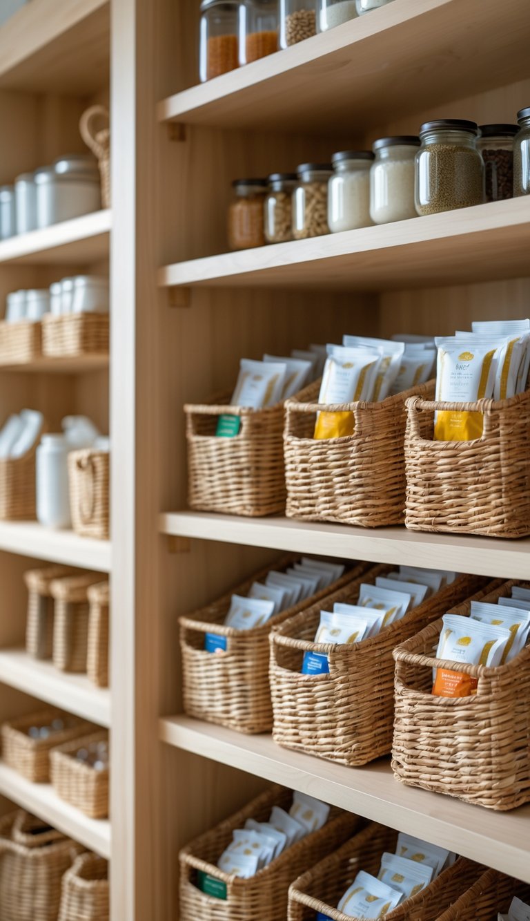 A neatly organized pantry shelf with woven baskets holding small packets, surrounded by jars and containers.