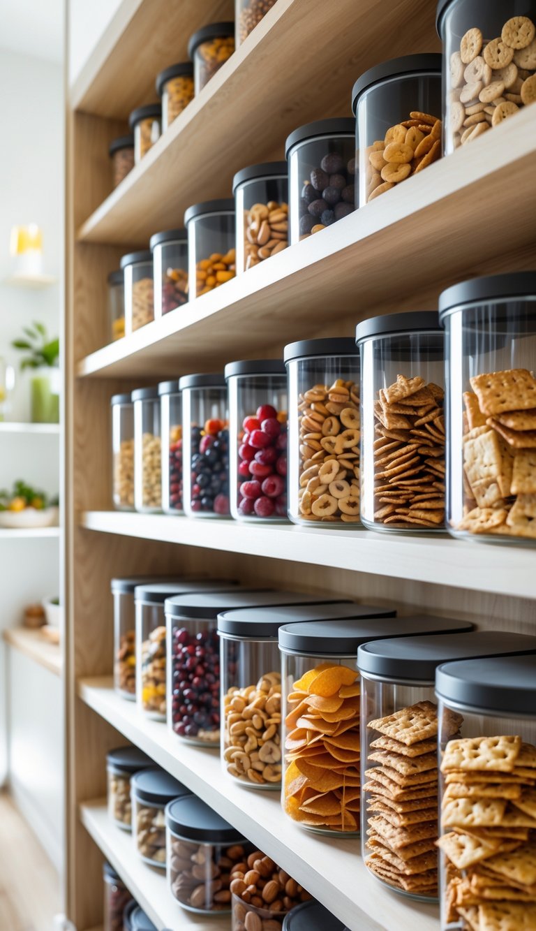 A pantry shelf with clear plastic containers filled with assorted snacks neatly arranged.