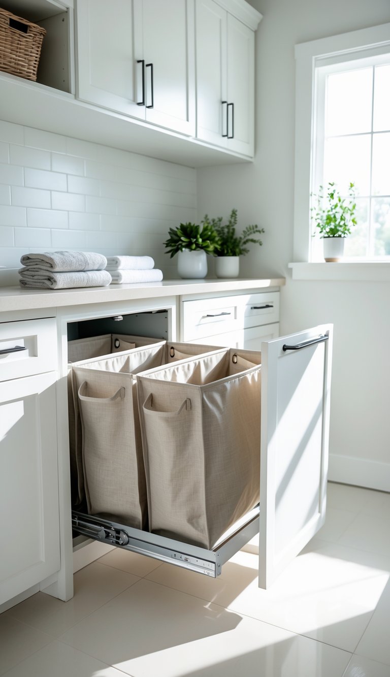 Laundry room with a built-in pull-out laundry sorter inside white cabinets, featuring multiple compartments and natural light.