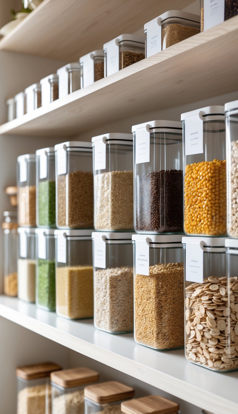 A neatly organized pantry shelf with clear containers holding different grains arranged in rows.