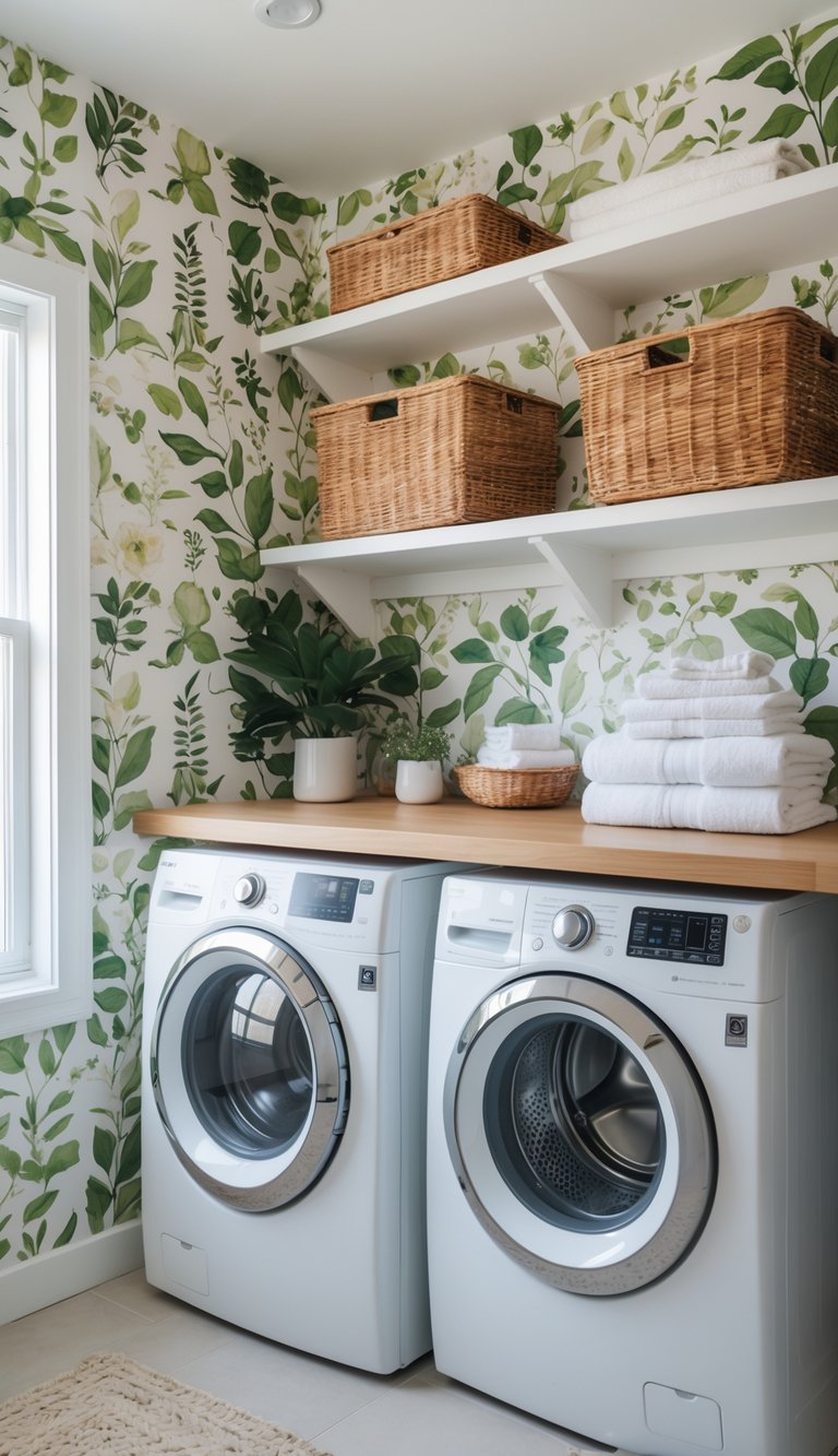 A laundry room featuring two white washing machines with chrome accents, placed next to a light wooden countertop; above are white shelves holding wicker baskets and neatly stacked white towels, with a leafy green wallpaper as the backdrop.