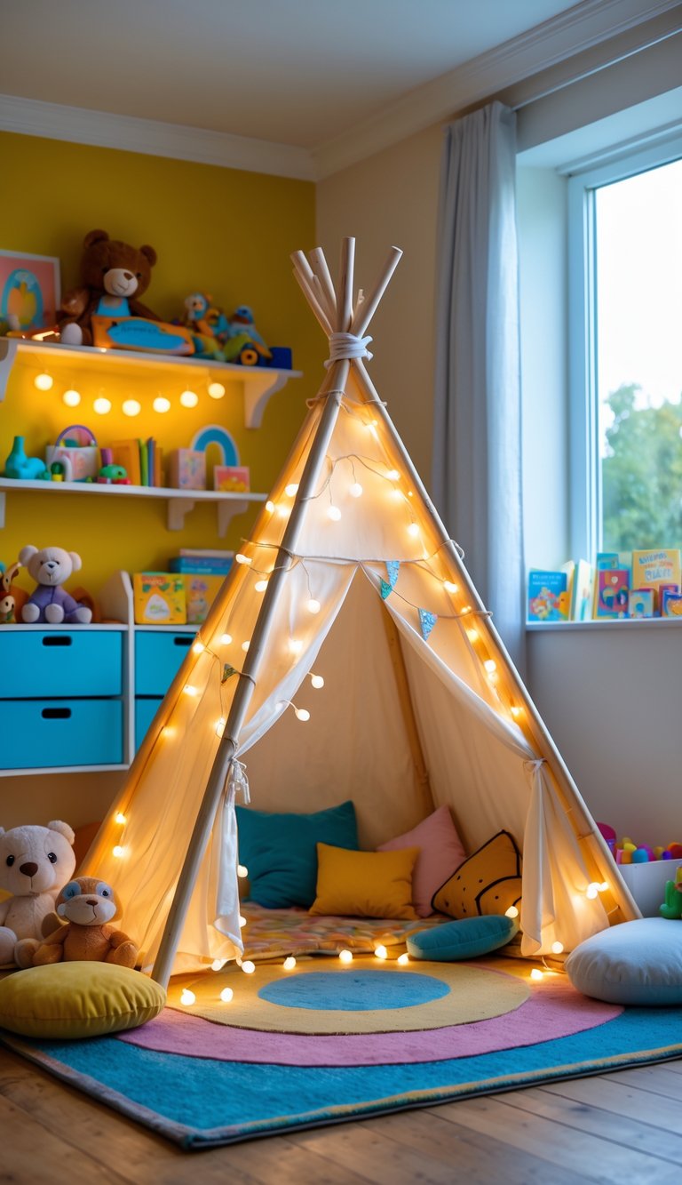 Storybook-inspired kids’ playroom idea featuring canvas teepee with string lights, pastel cushions, stuffed animals, wall shelves with books, and bright window light.