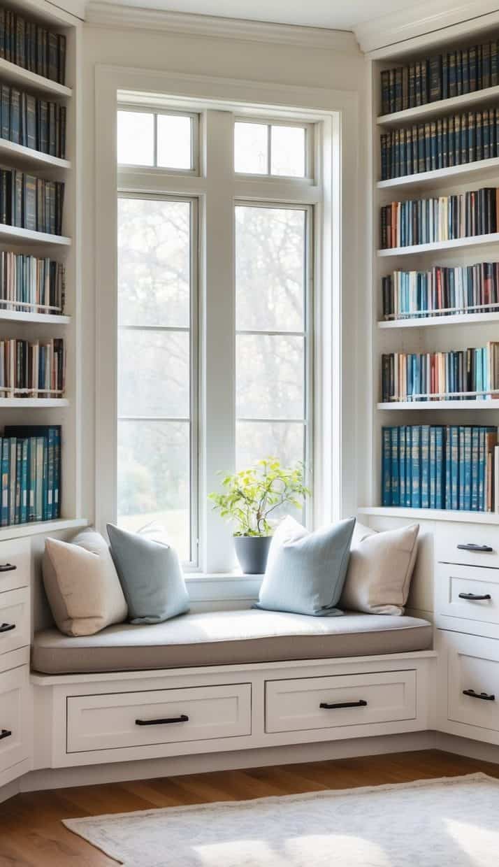 A home library with a window seat featuring storage drawers underneath, surrounded by bookshelves filled with books.