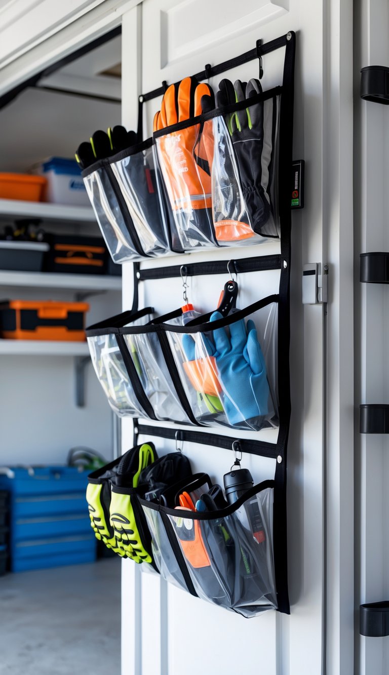 Cabinet door garage organization idea with fabric rack and clear pouches organizing gloves, cutters, and accessories vertically.