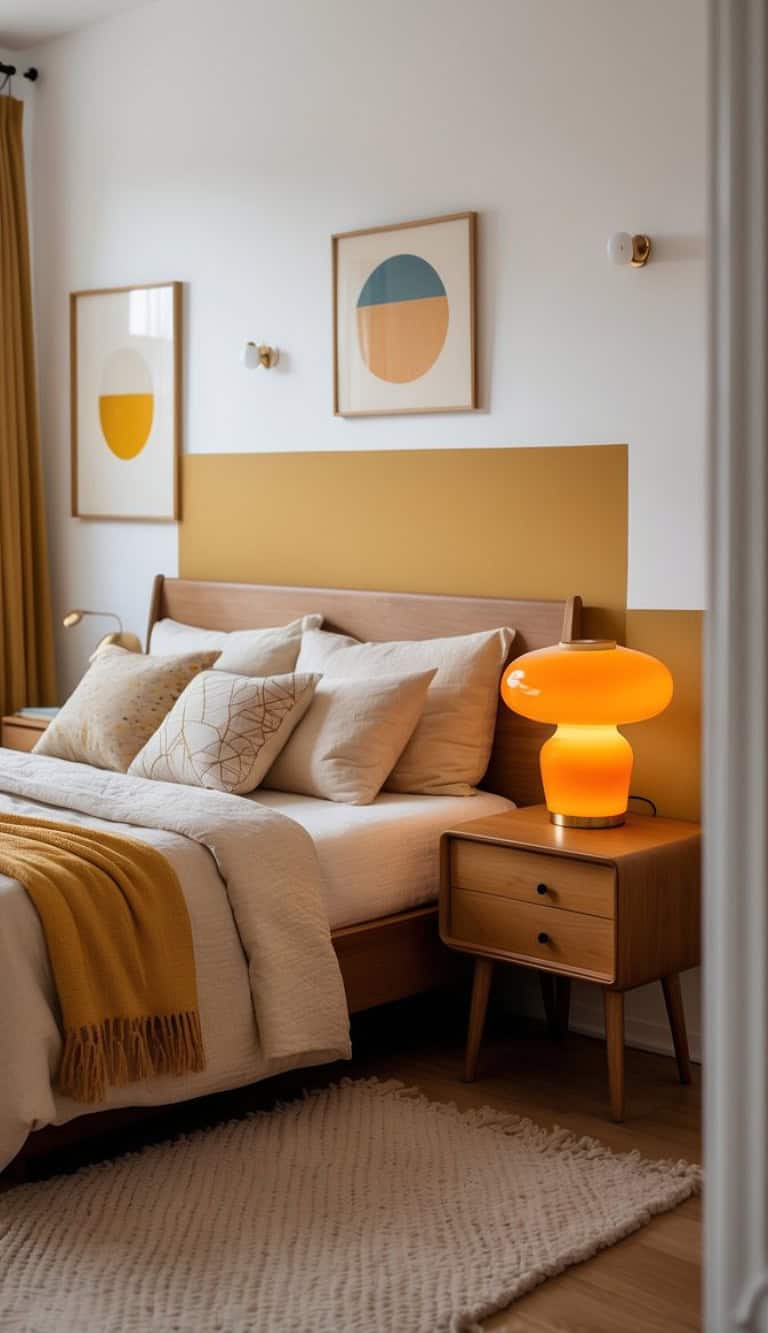 A cozy bedroom featuring a wooden bed with white and cream bedding, adorned with decorative pillows and a mustard yellow throw blanket. A stylish orange lamp sits on a modern wooden nightstand beside the bed. The room has two framed abstract art pieces on the wall and yellow curtains that complement the warm color scheme.