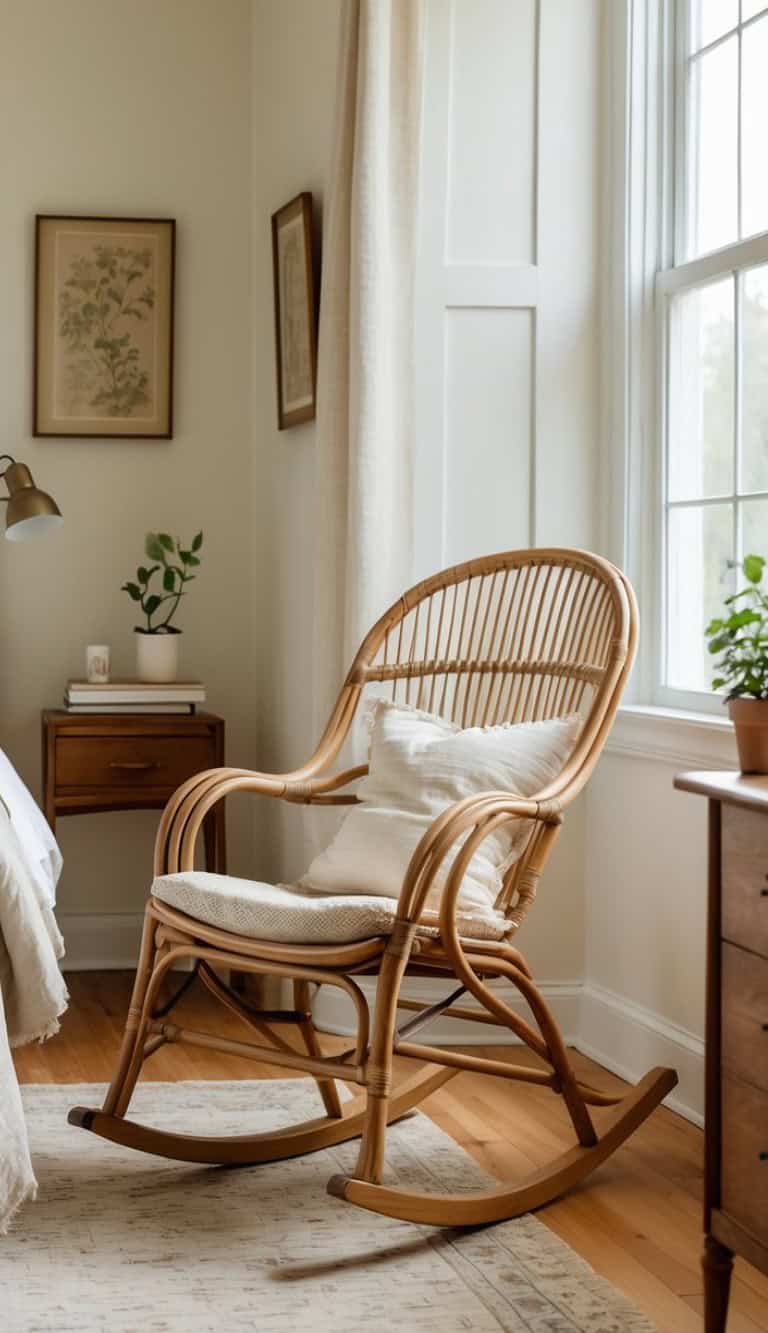 A cozy interior setting featuring a rattan rocking chair with a white cushion, positioned beside a wooden nightstand with books and a small plant, complemented by framed botanical artwork on the wall and a bright window with sheer curtains.