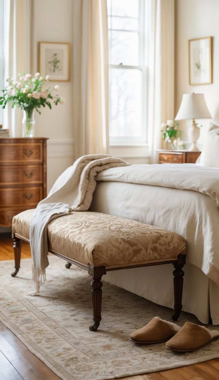 A cozy bedroom featuring a lightly colored bed with a textured blanket, an ornate bench with a floral pattern at the foot, and a pair of brown slippers on a wooden floor. Natural light streams in through the windows, and a vase of flowers sits on a wooden dresser beside a table lamp.