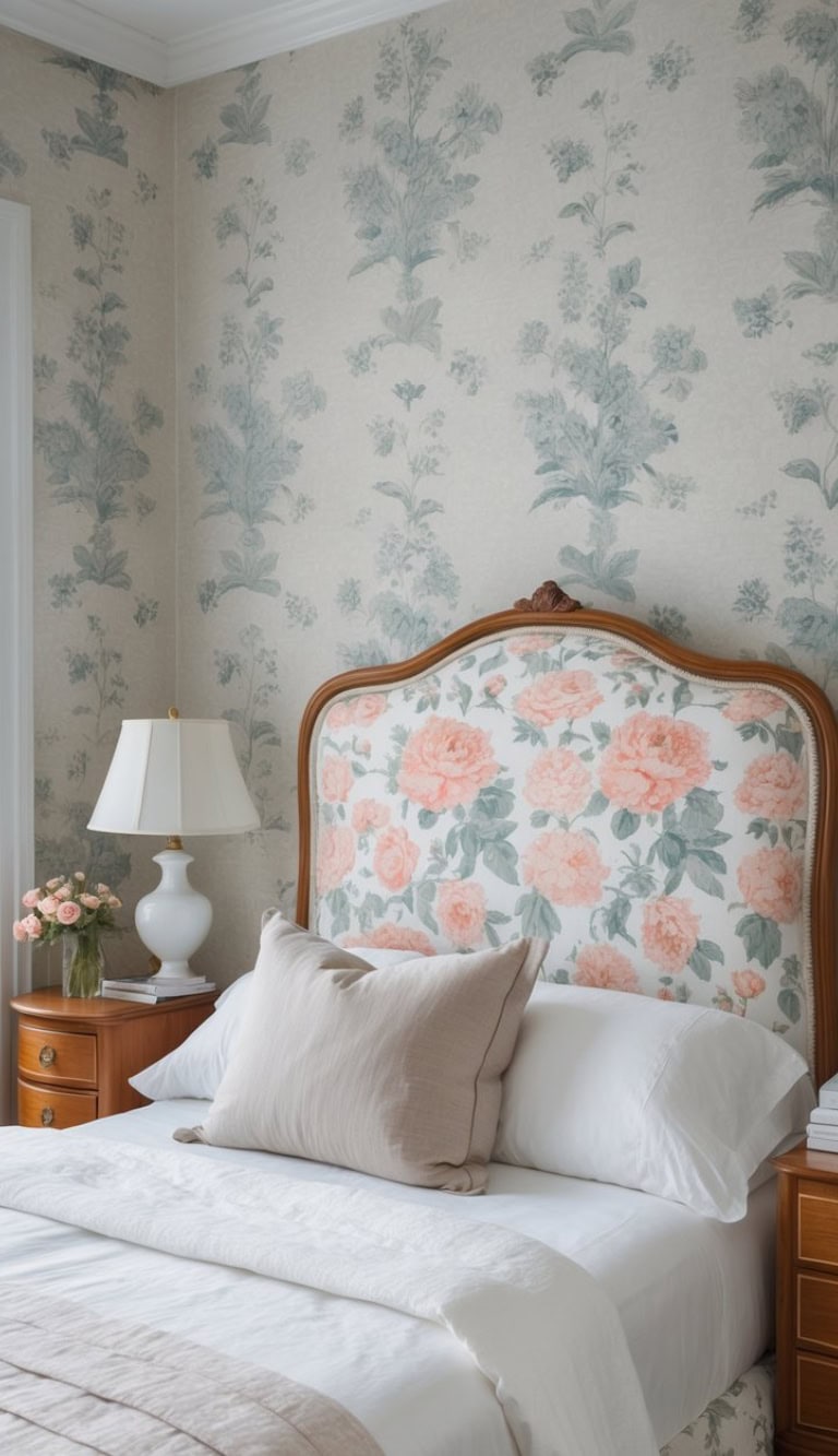 A cozy bedroom featuring a floral-patterned headboard with pink roses, soft white bedding, and a neutral-colored large pillow. To the left, a bedside table holds a white lamp and a vase with pink flowers, while the wall is adorned with delicate floral wallpaper.
