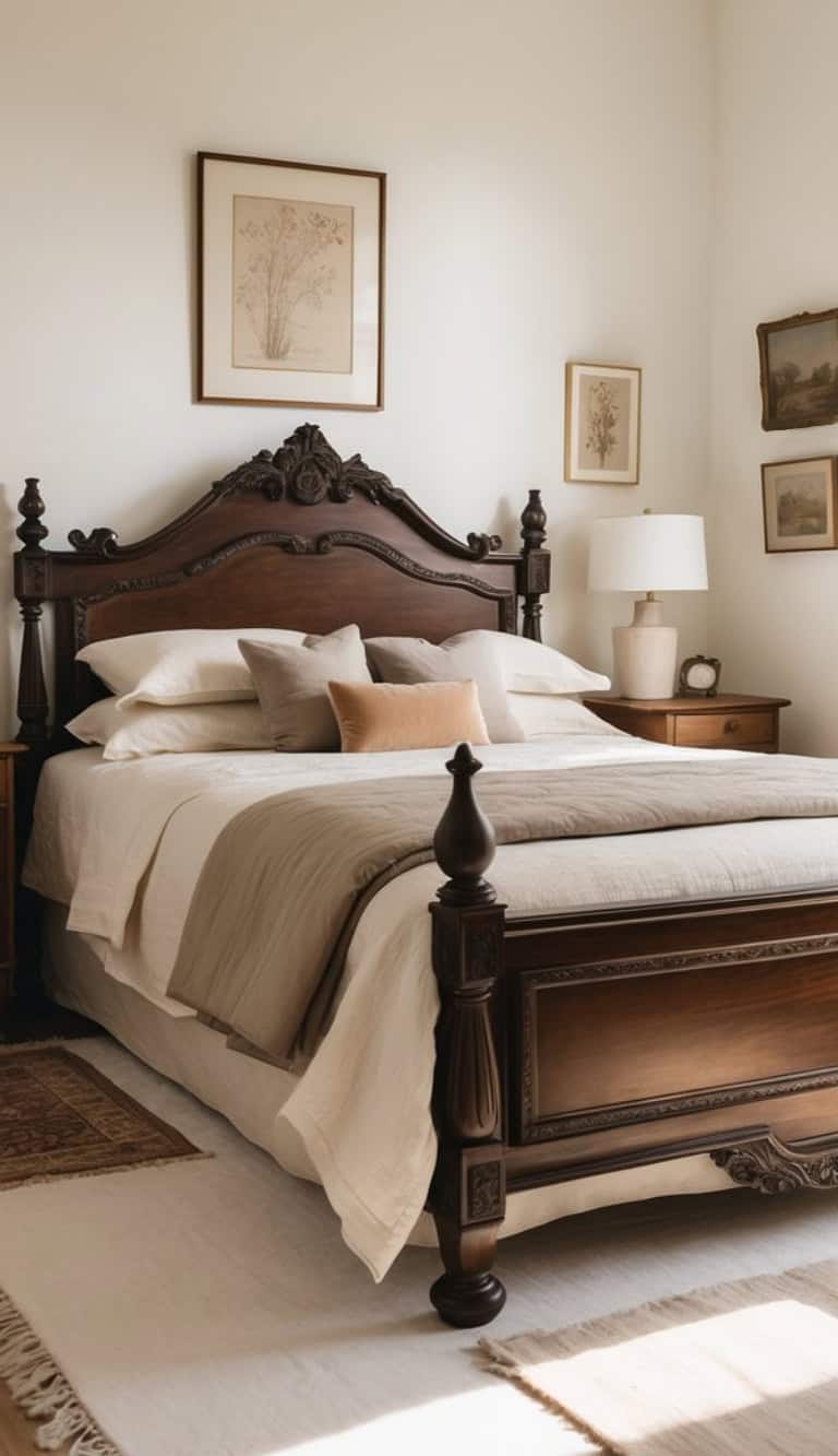 A cozy bedroom featuring an ornately carved wooden bed frame with a light beige bedding set, complemented by a small decorative pillow. The walls are adorned with framed botanical prints and a table lamp placed on a wooden nightstand. A soft area rug lies on a light-colored floor.