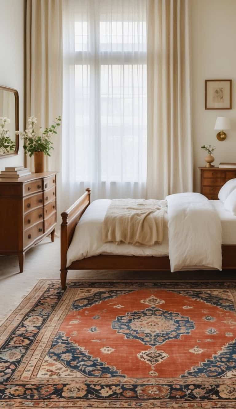 A cozy bedroom featuring a wooden bed frame with white bedding, topped with a beige throw blanket, adjacent to a wooden dresser with decorative items. The room is illuminated by natural light streaming through sheer curtains, complemented by a colorful patterned rug on the floor and a framed picture on the wall.